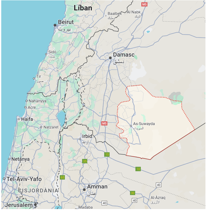 Mapa que mostra la situació geogràfica de la província de Suwaida, al sud de Síria i sobre la frontera amb Jordània.