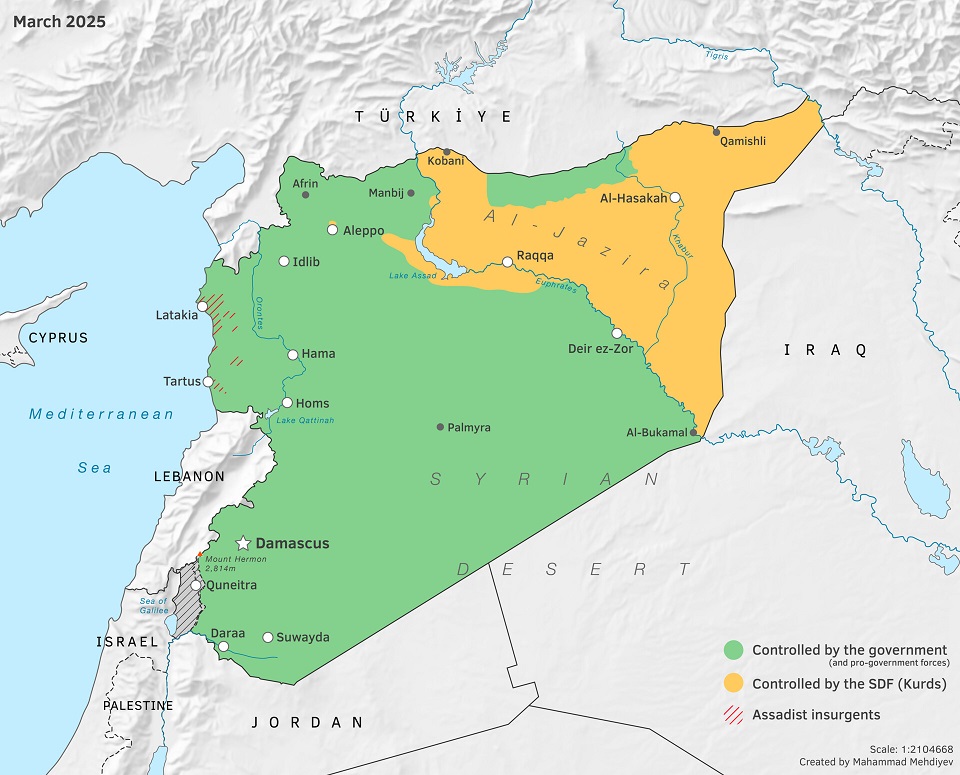 Mapa de Síria on apareix en la part superior dreta, fent frontera amb Turquia i Iran, la regió autònoma kurda,