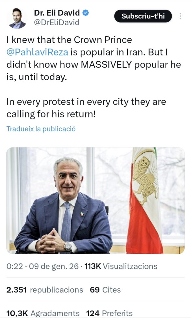 Piulada d'un compte israelià que assegura que Pahlavi gaudeix d'un suport massiu popular a Iran.