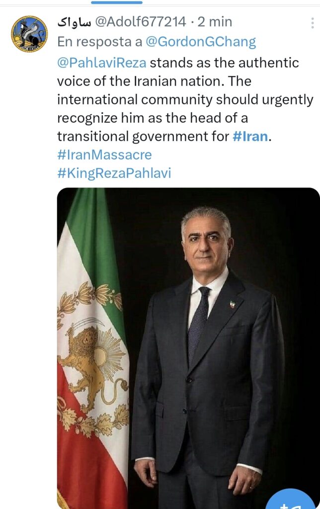 Piulada d'un compte de la diàspora iraniana que diu que Reza Pahlavi és l'autèntica veu del poble iranià i que la comunitat internacional l'hauria de reconèixer de forma urgent com el cap d'un govern de transició per l'Iran.