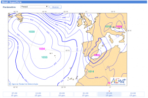Mapa isobàric previst en superfície per al 19/01/2015, a les 7 hores, on s'aprecia la depressió al Sud-Est de la península Ibèrica, que va donar pluja (font: AEMET).