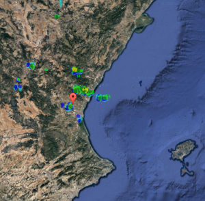 Imatge del radar meteorològic el 27/07/2016, a les 8:15 h, on es pot veure el petit plugim que queia llavors.