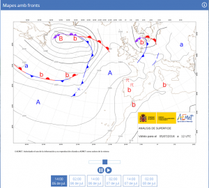 Mapa isobàric previst en superfície per al 05/07/2016, a les 14 h (font: AEMet), on es pot veure una situació típica d'Estiu, que, amb variacions, ens va acompanyar tot Juliol.