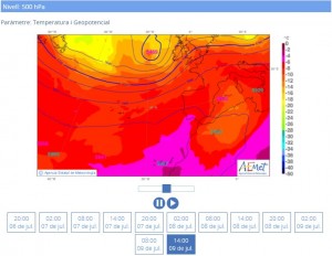 Mapa isotèrmic previst a 500 hPa per al 09/07/2016, a les 14 h (font: AEMet), on es pot veure una situació canicular a les capes mitjanes de la troposfera.